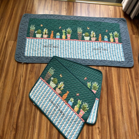 Set thảm cotton 2 ngắn + 1 dài - họa tiết xương rồng xanh